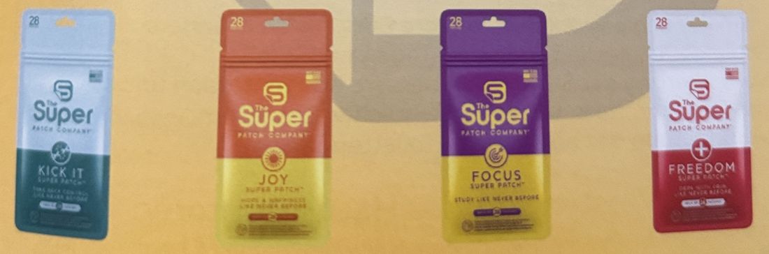 Super-Patch-Packungen Kick it, Joy, Focus und Freedom nebeneinander